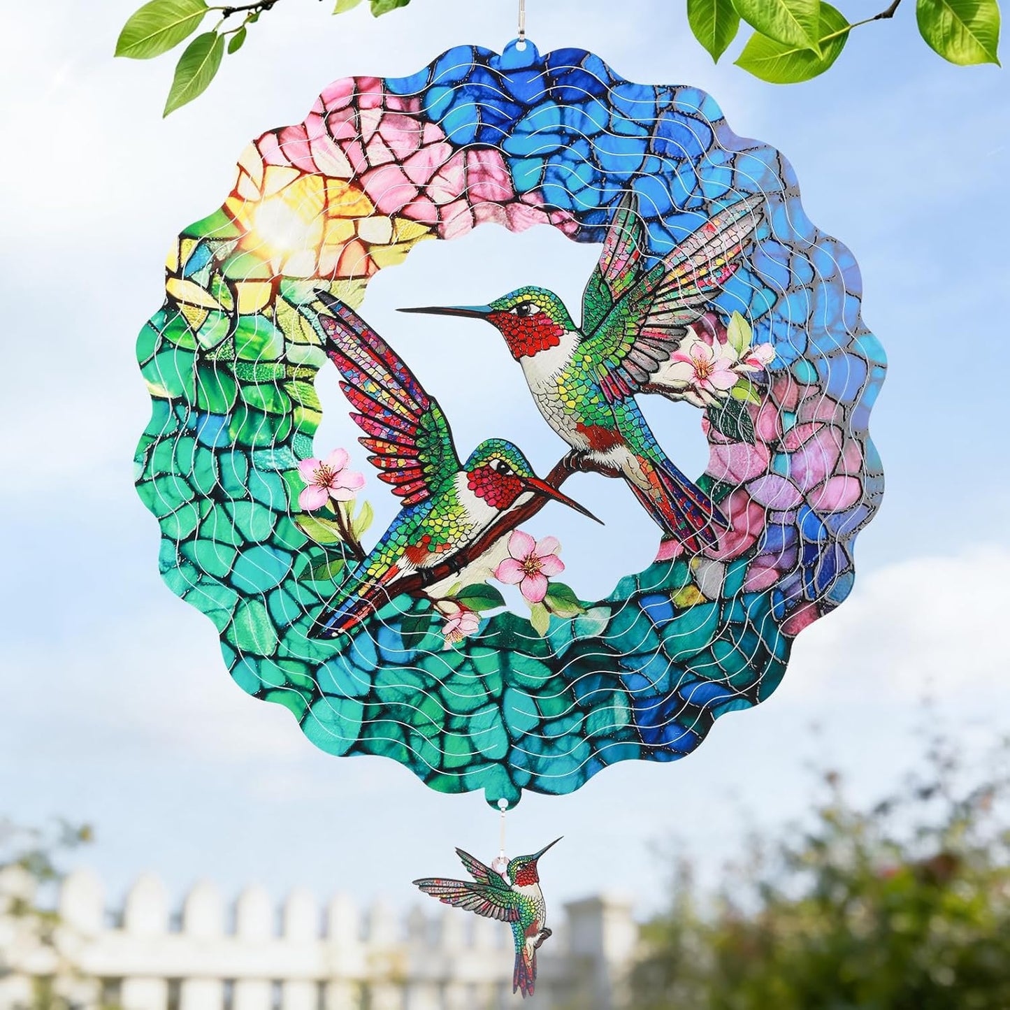 Idea Show green hummingbird stainless steel 3D wind spinner front view