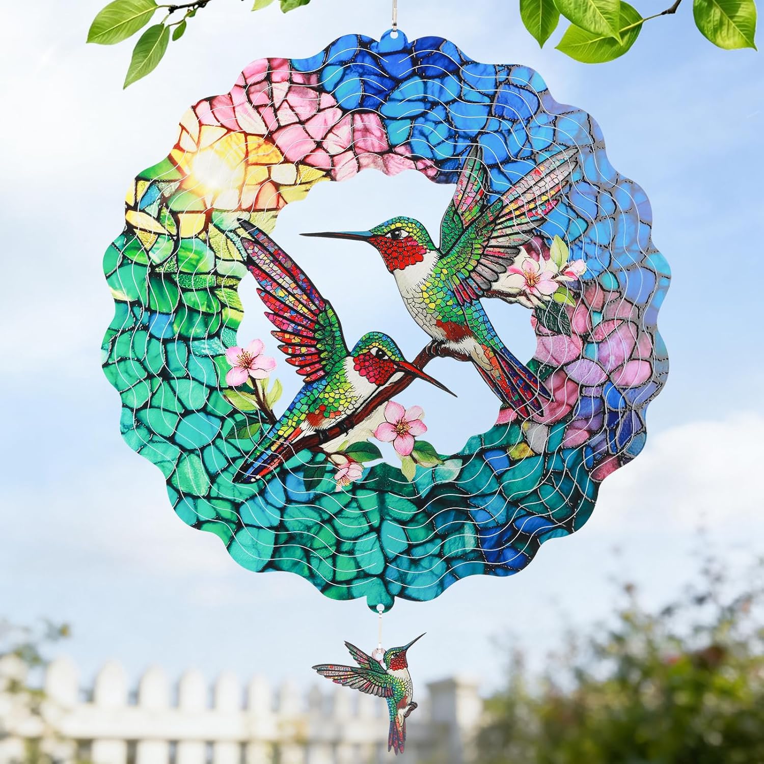 Idea Show green hummingbird stainless steel 3D wind spinner front view