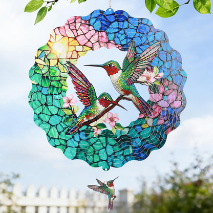Idea Show green hummingbird stainless steel 3D wind spinner front view