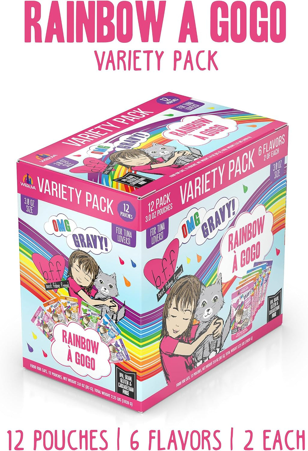 Weruva wet cat food pouches displayed with flavor names