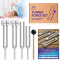 DONYU tuning fork set front view showcasing four frequency devices with reflex hammer
