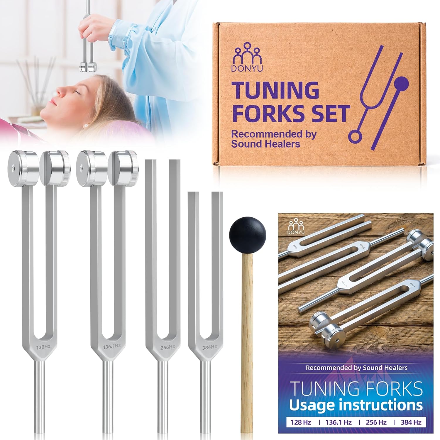 DONYU tuning fork set front view showcasing four frequency devices with reflex hammer
