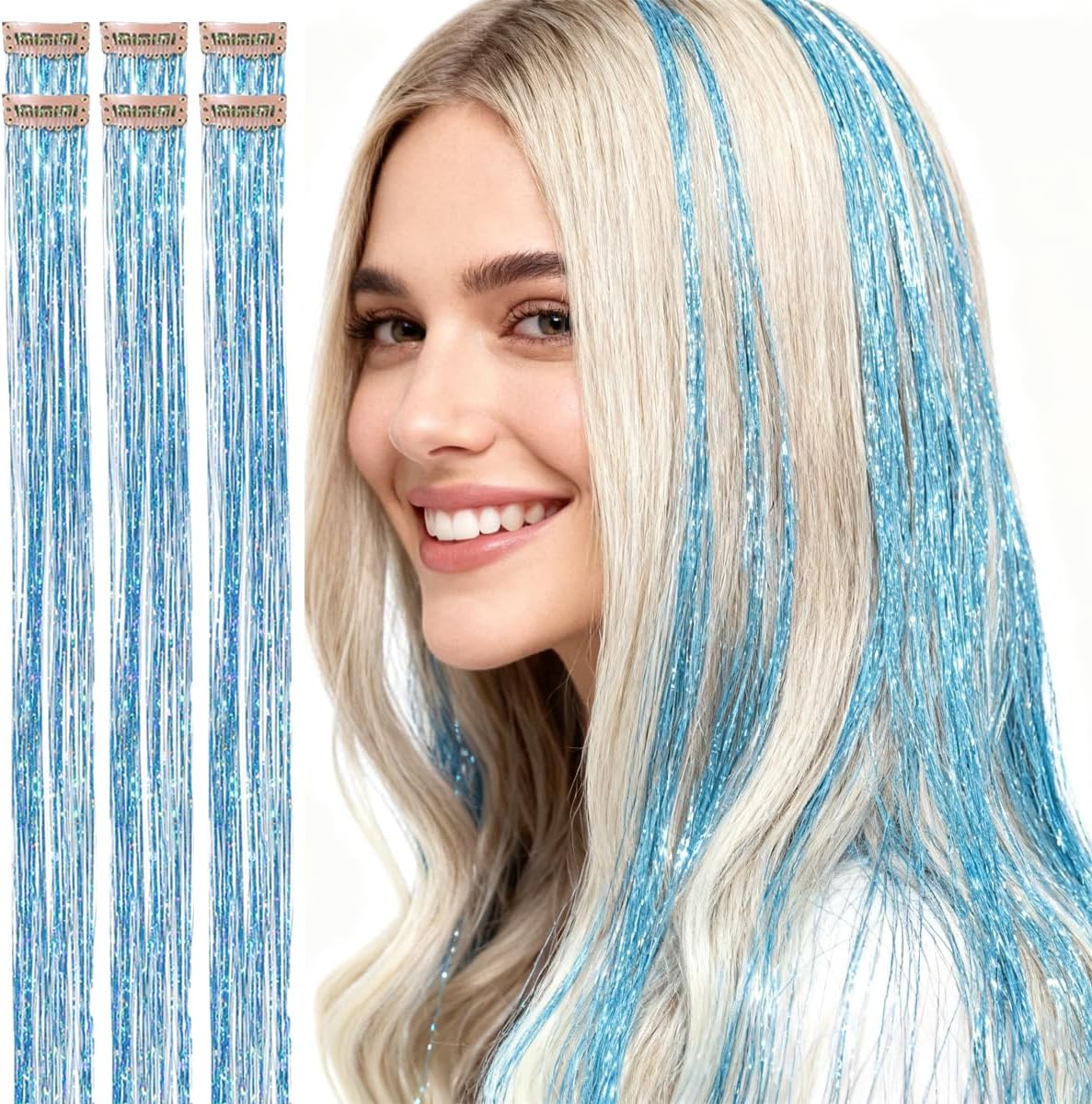 CelineBella lake blue clip in hair tinsel extensions front view showing glitter strands