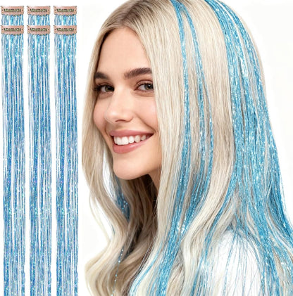 CelineBella lake blue clip in hair tinsel extensions front view showing glitter strands