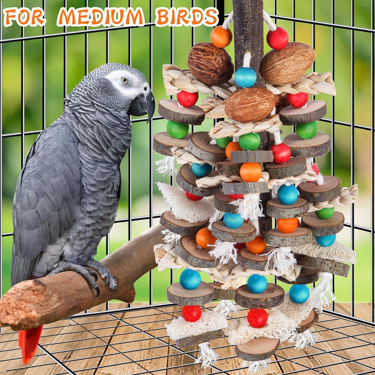 Multi layered colorful wooden beads and woven corn husks on large bird toy