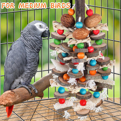 Multi layered colorful wooden beads and woven corn husks on large bird toy