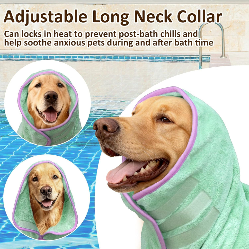 Demonstration of the adjustable belly strap and hip drawstring on the dog drying coat