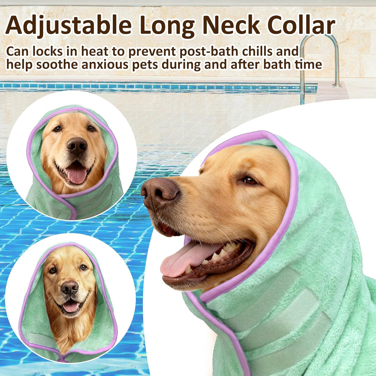 Demonstration of the adjustable belly strap and hip drawstring on the dog drying coat