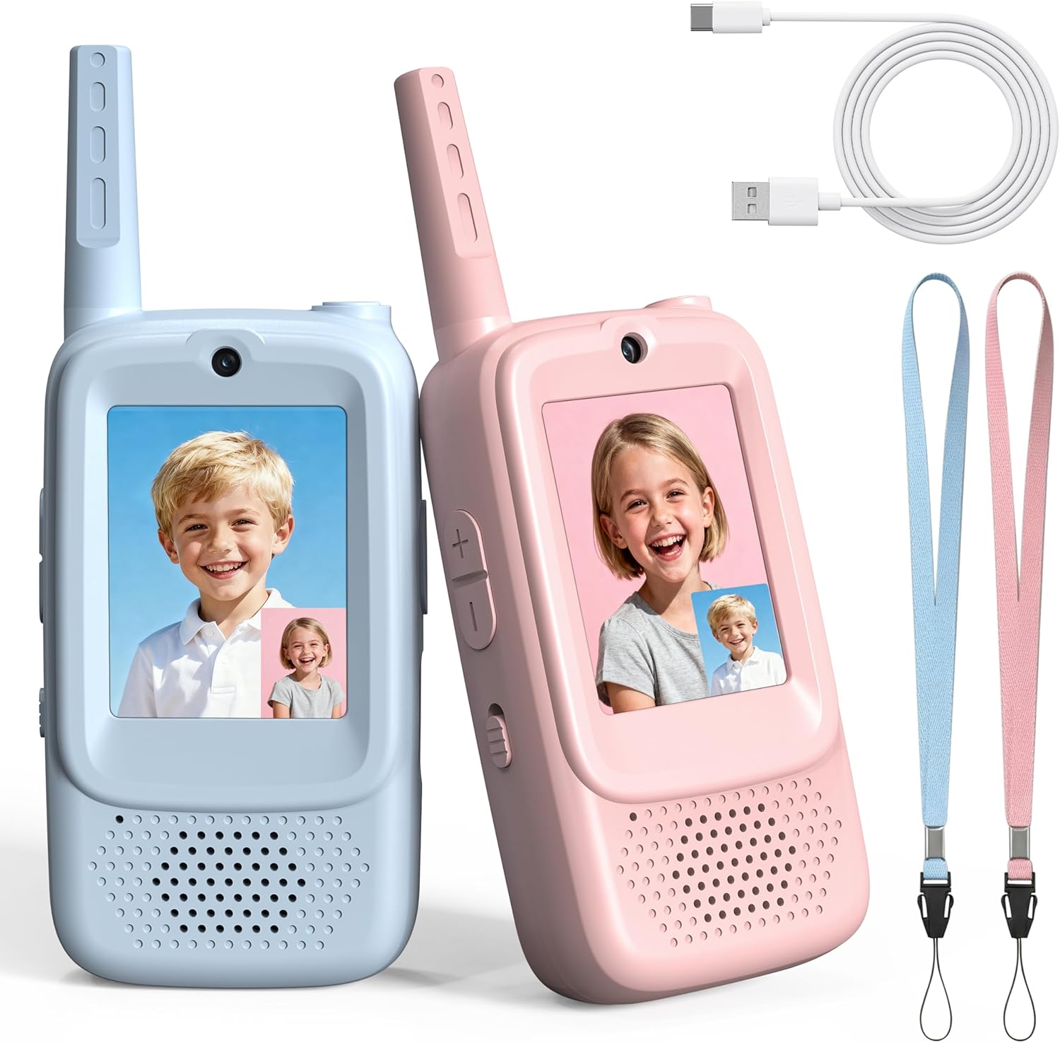 ESSEN Rush Deer video walkie talkies for kids front view showing blue and pink units with screen and camera lens