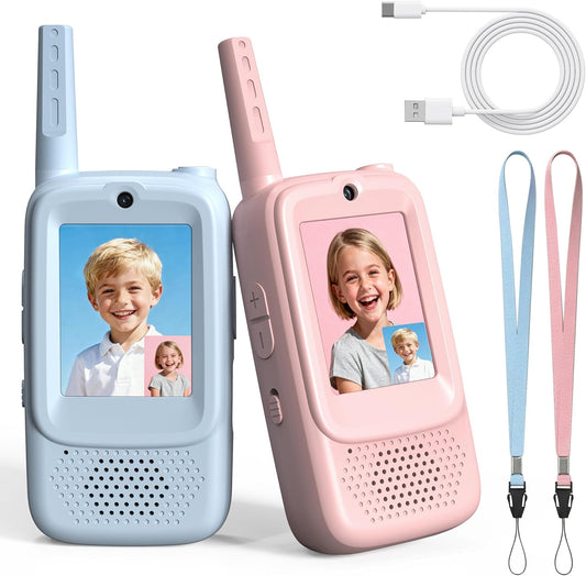 ESSEN Rush Deer video walkie talkies for kids front view showing blue and pink units with screen and camera lens