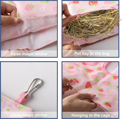 Lesnala 2pcs Bunny hay feeder Rabbit hay feeder bag Hanging guinea pig hay bag Large capacity cotton canvas fabric hay bag for Rabbits Bunny Chinchillas Hamsters and Other Small Pets(3 Holes,2 styles) - Image 5