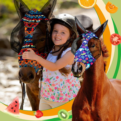 Model showing durable fabric construction of horse fly mask