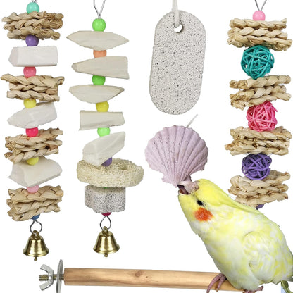 Qimilenzy Parrot Chewing Toys Six Pieces Set hanging in a bird cage