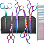 Nyutcwe rainbow curved chunker dog grooming scissors front view showcasing the premium multicolored finish