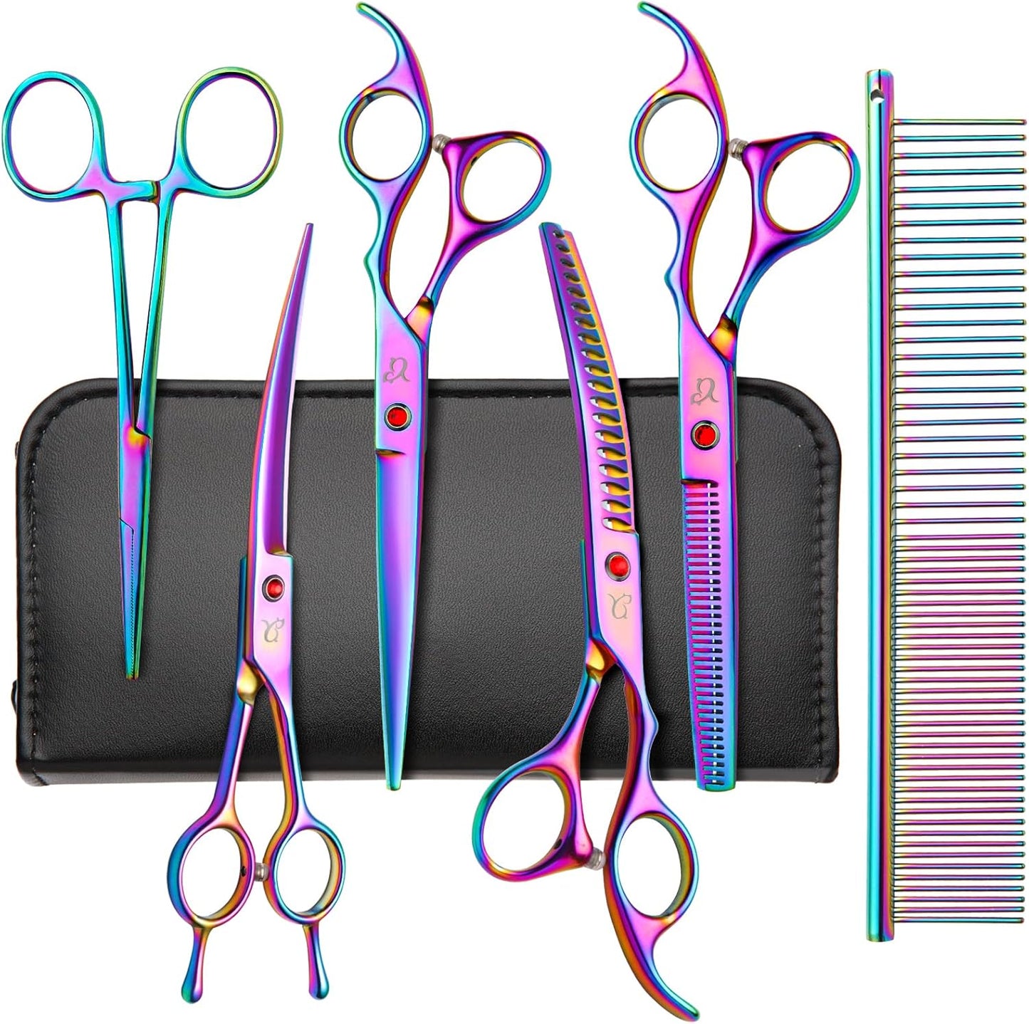 Nyutcwe rainbow curved chunker dog grooming scissors front view showcasing the premium multicolored finish