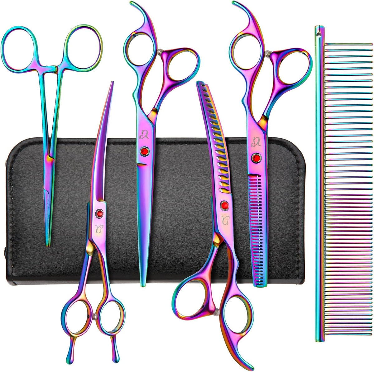 Nyutcwe rainbow curved chunker dog grooming scissors front view showcasing the premium multicolored finish