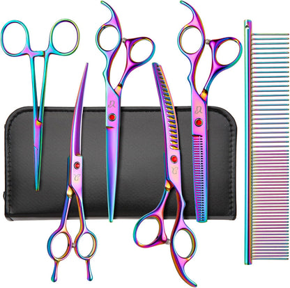 Nyutcwe rainbow curved chunker dog grooming scissors front view showcasing the premium multicolored finish