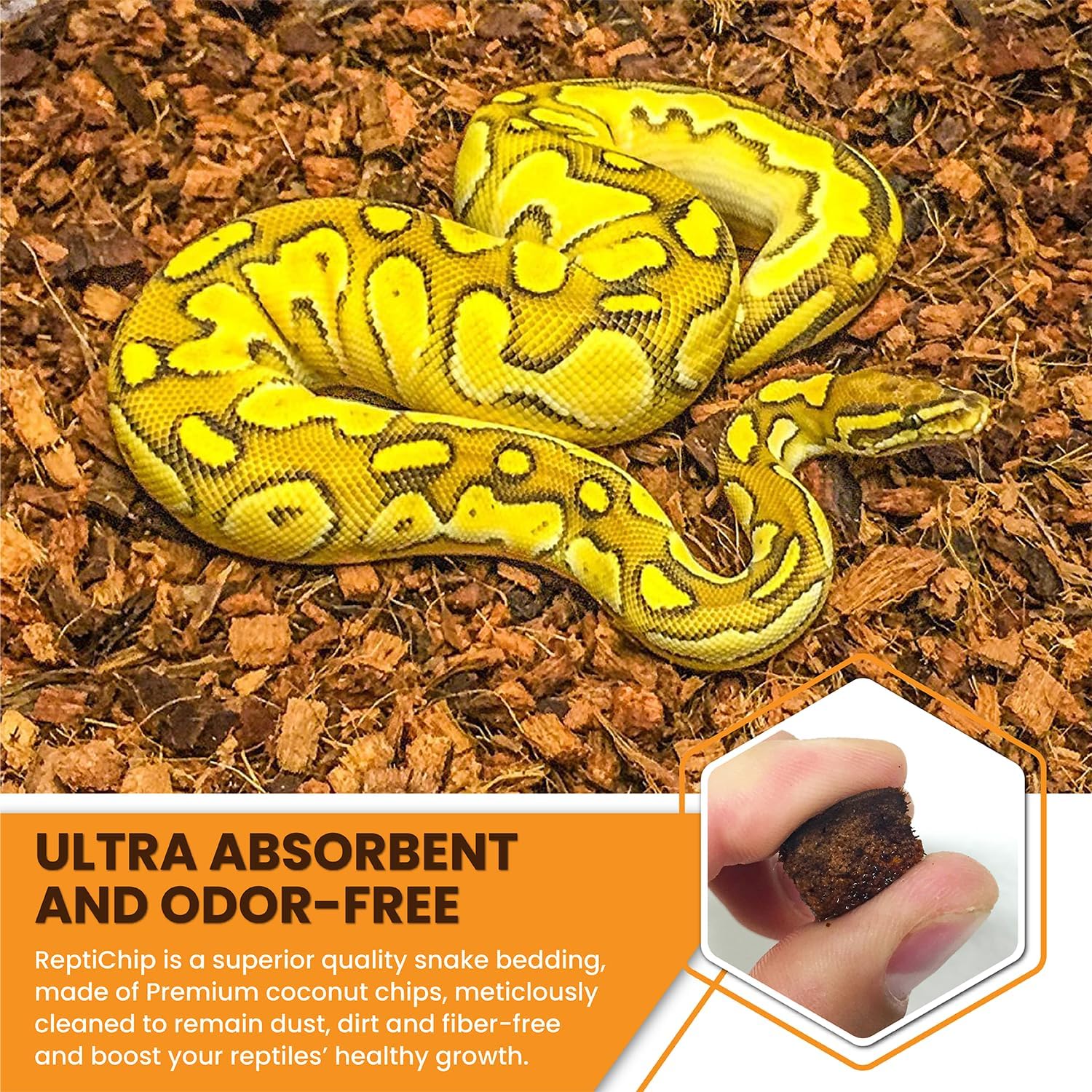 ReptiChip premium reptile bedding packaged block showing brand logo and details.