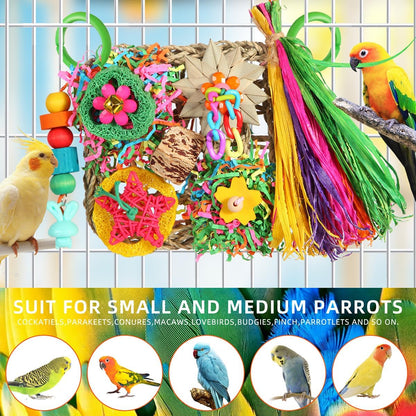 YIXUND parakeet climbing wall playground showing detailed view of eco friendly wood blocks and loofah sponges.