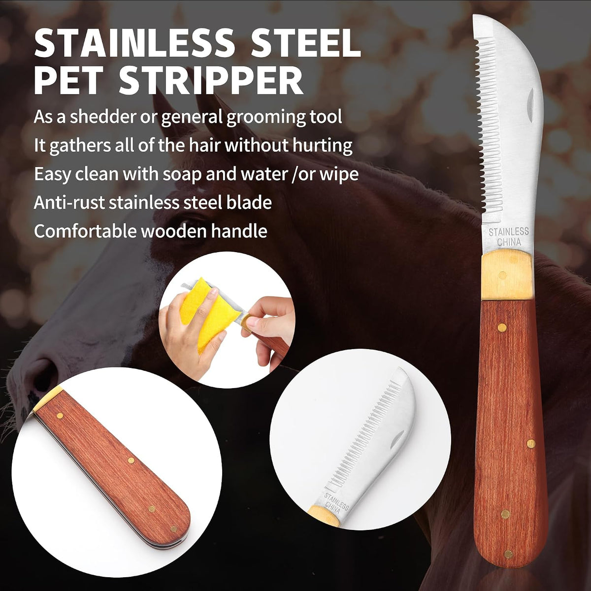 Close up view of the dual action stainless steel blade on the NRTFE right handed shedding tool.