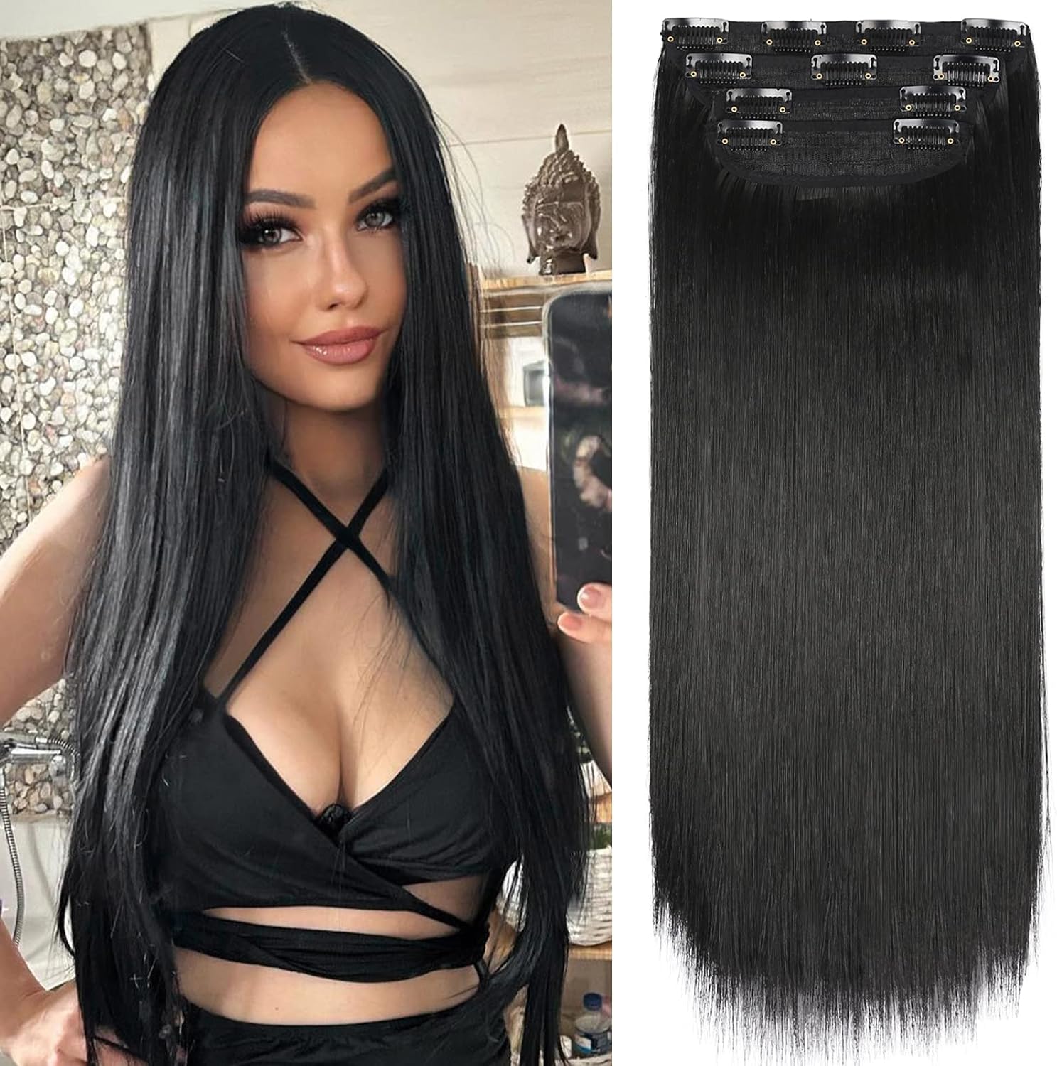 VIVIAN black straight clip in hair extensions front view for instant length