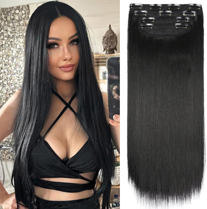 VIVIAN black straight clip in hair extensions front view for instant length