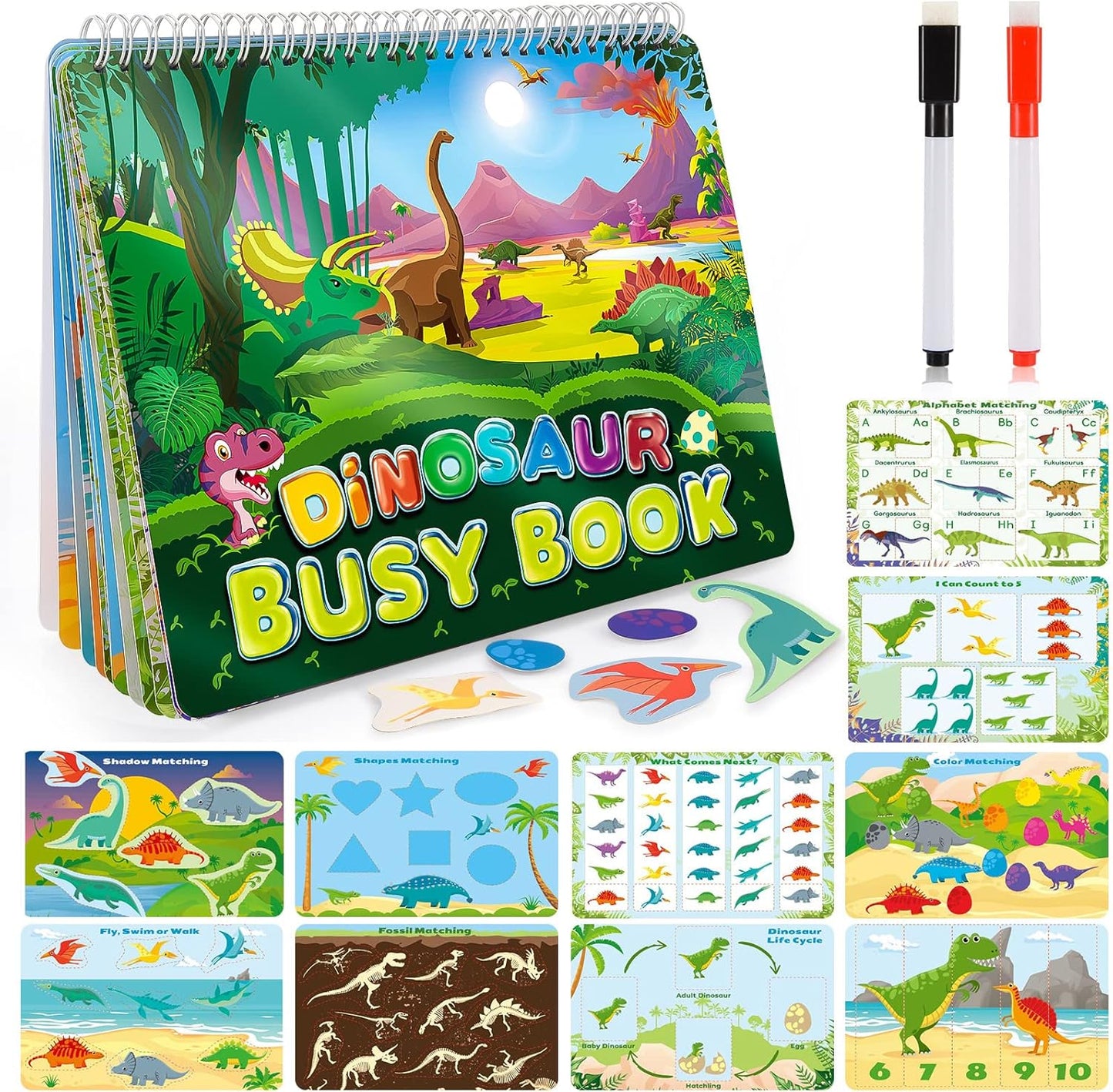 MDINGTD Dinosaur Preschool Busy Book front view showing colorful educational cover