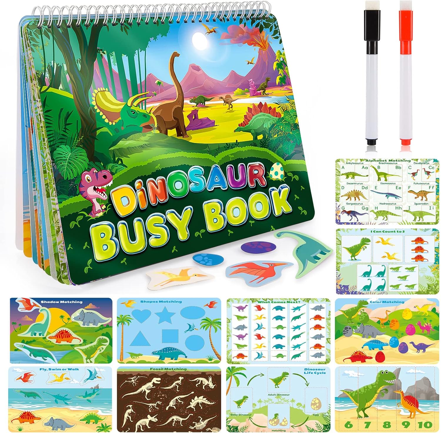 MDINGTD Dinosaur Preschool Busy Book front view showing colorful educational cover