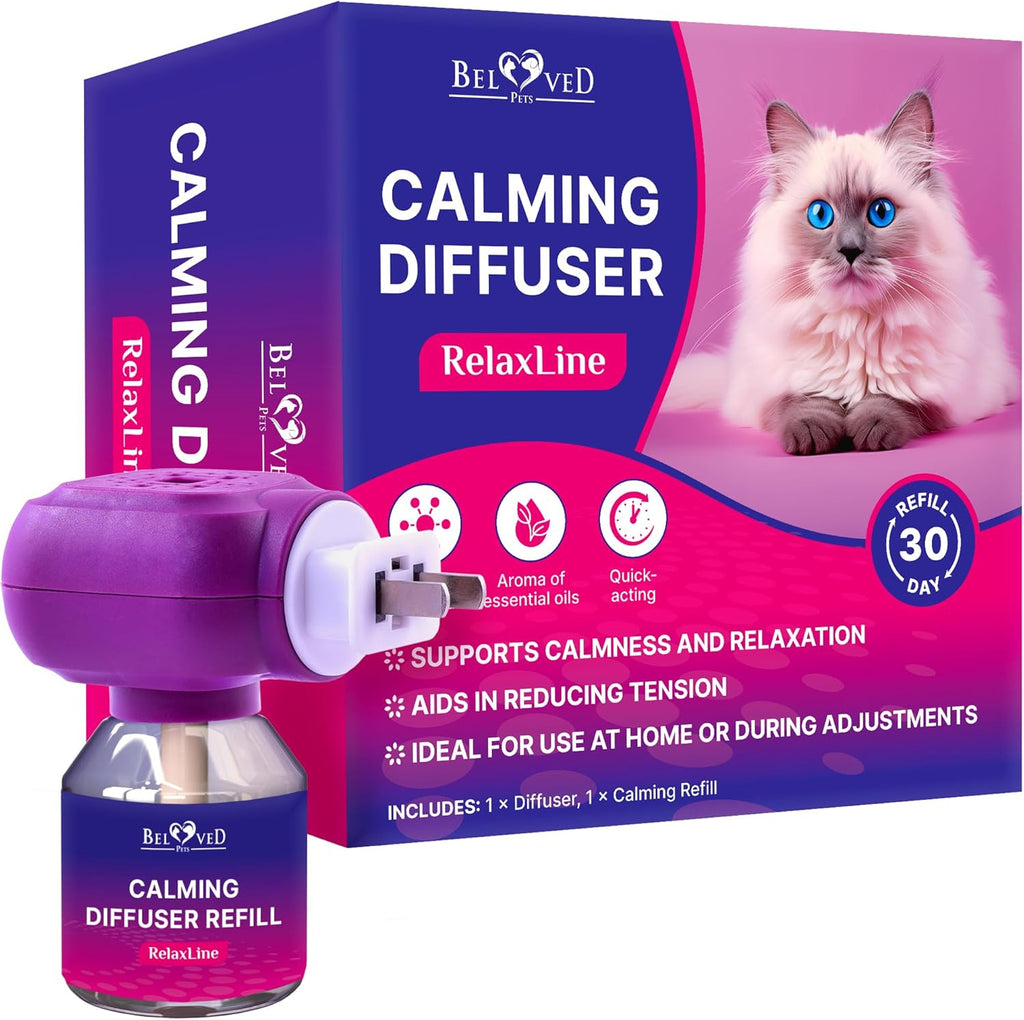 USA imported Beloved Pets cat calming diffuser kit contents neatly arranged.