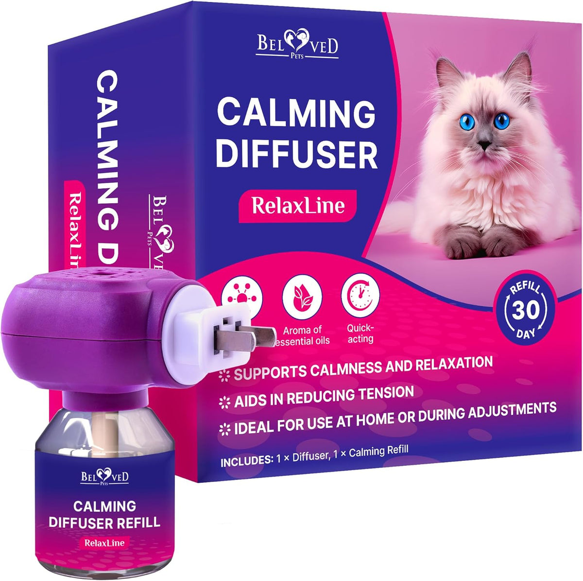 USA imported Beloved Pets cat calming diffuser kit contents neatly arranged.