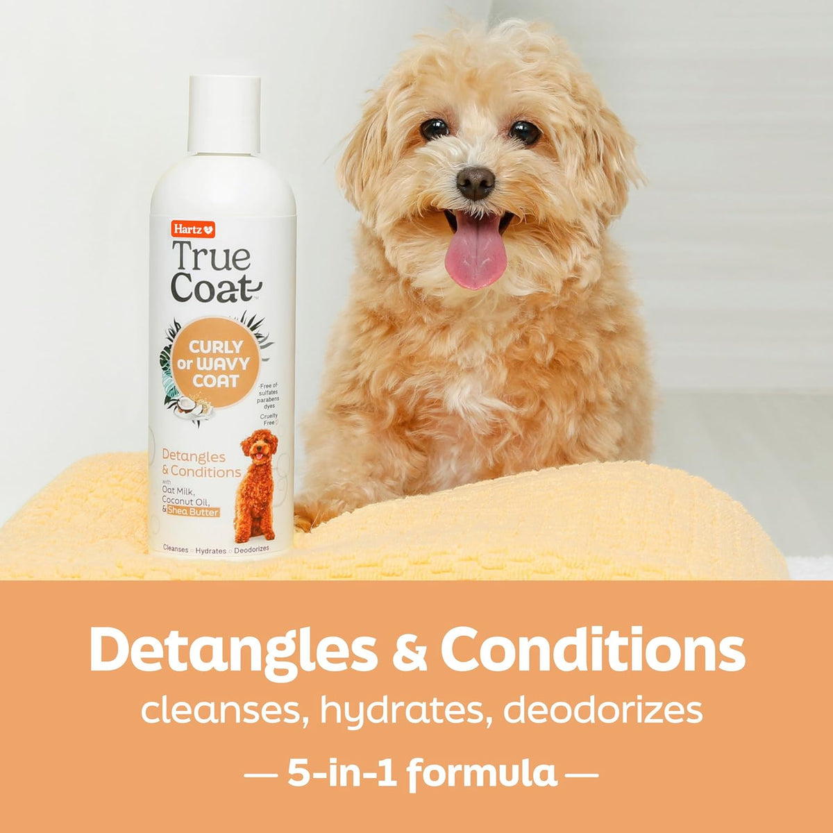 Hartz True Coat dog shampoo bottle featuring oat milk and shea butter