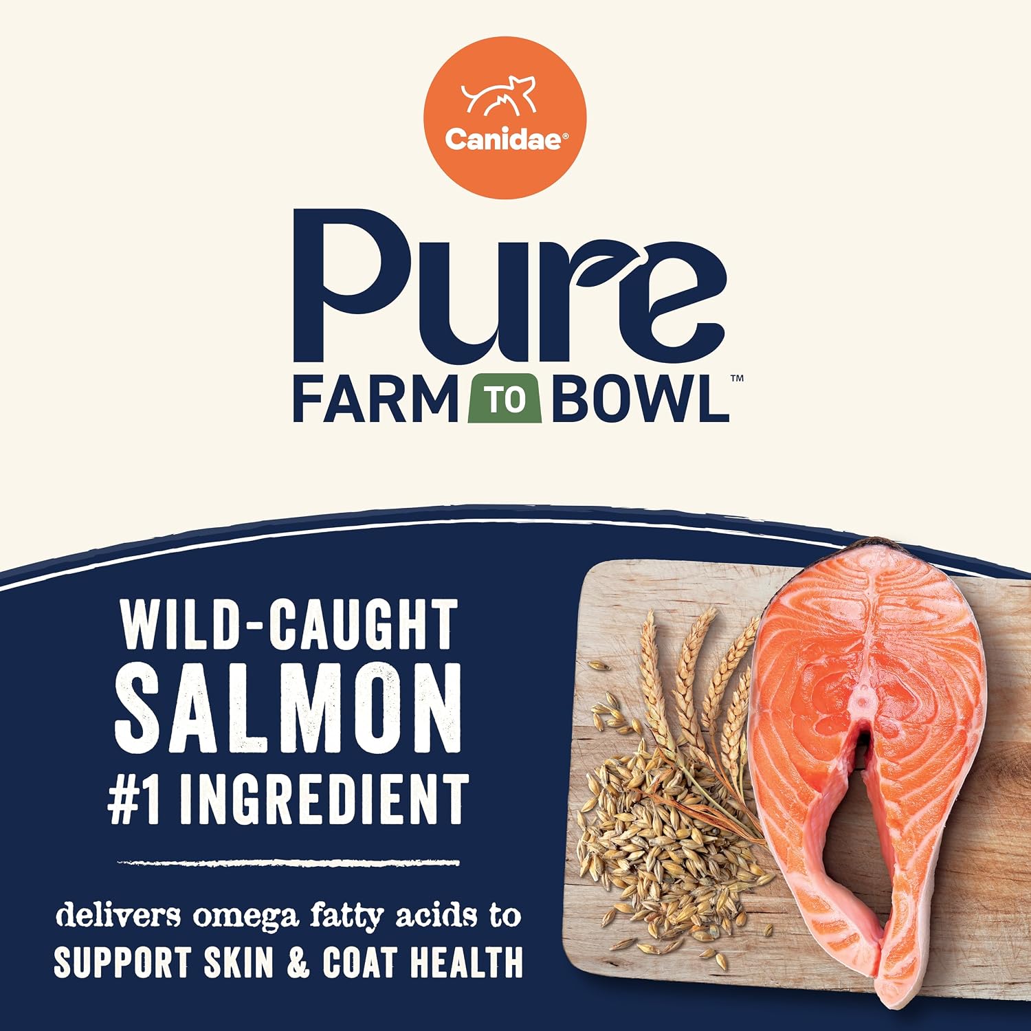 Close up of premium Canidae salmon and grain formula pet food bag