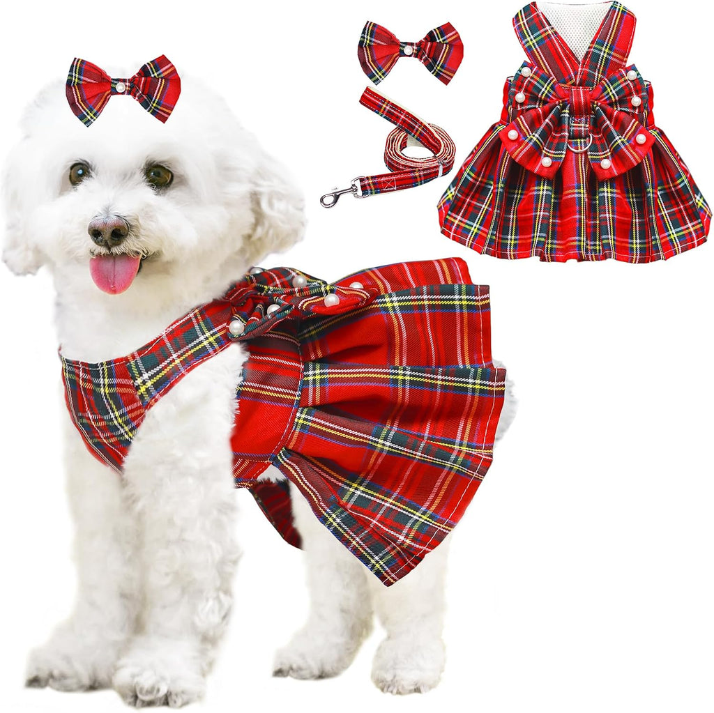 Dog Dress Bowknot Harness Leash Set for Small Dogs Girl Cute Plaid Dog Dress Pearls Bow Tie Spring Summer Princess Clothes Birthday Holiday Doggie Outfits for Puppy Cats Girl Apparel (Black, Small) - Image 13
