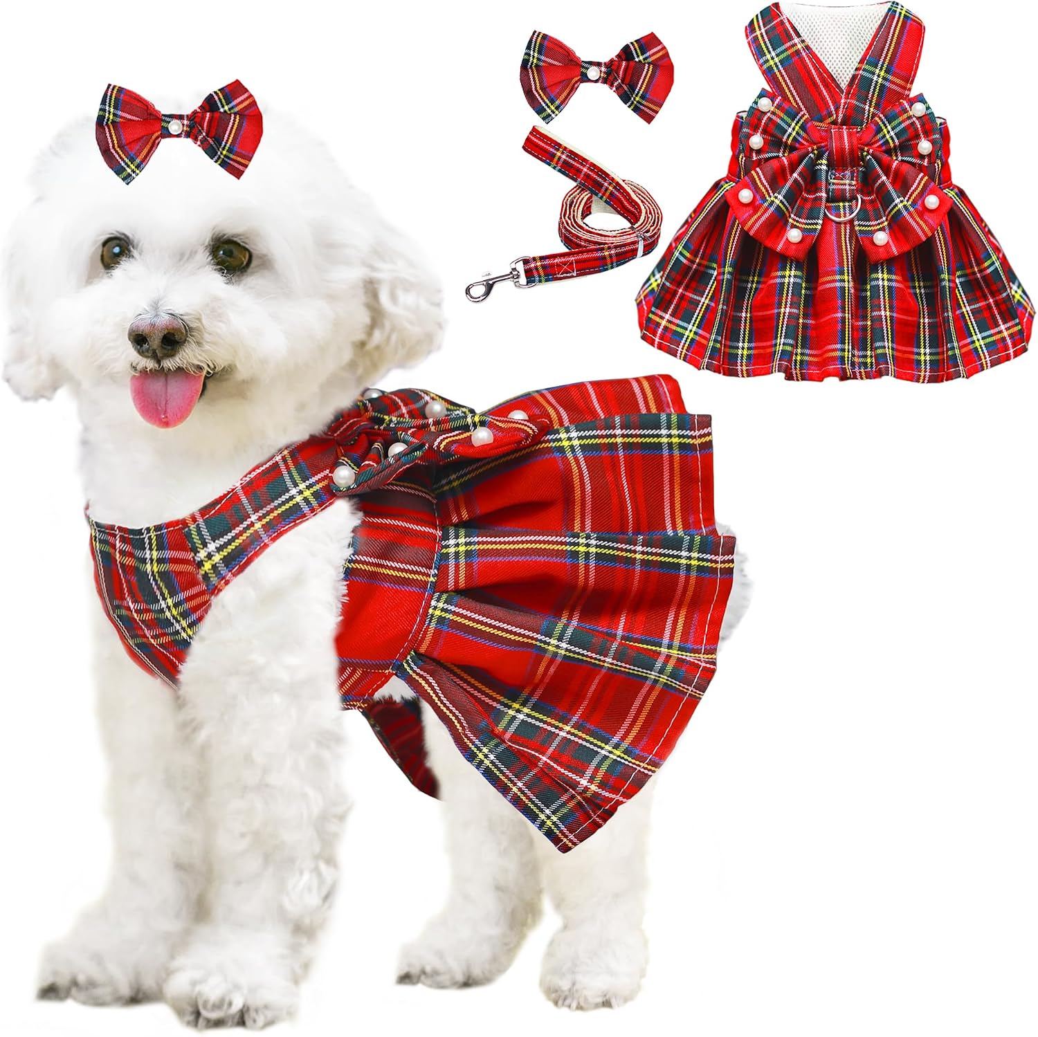 Dog Dress Bowknot Harness Leash Set for Small Dogs Girl Cute Plaid Dog Dress Pearls Bow Tie Spring Summer Princess Clothes Birthday Holiday Doggie Outfits for Puppy Cats Girl Apparel (Black, Small) - Image 13