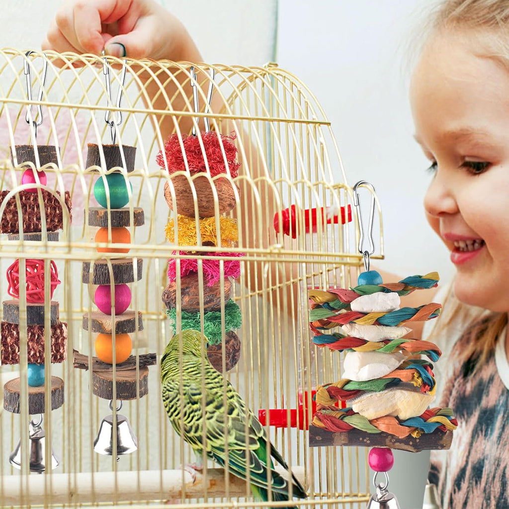 Small parrot playing with hanging wooden chew toy block