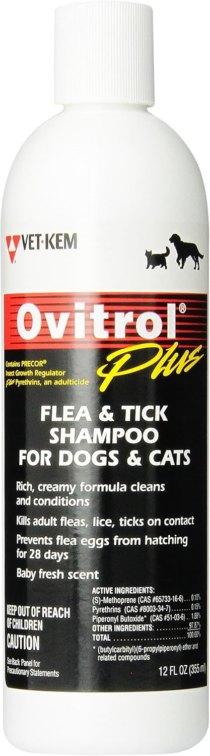 Ovitrol Vet-Kem Plus Flea and Tick Shampoo for Pets twelve ounce front view bottle for dog and cat flea treatment