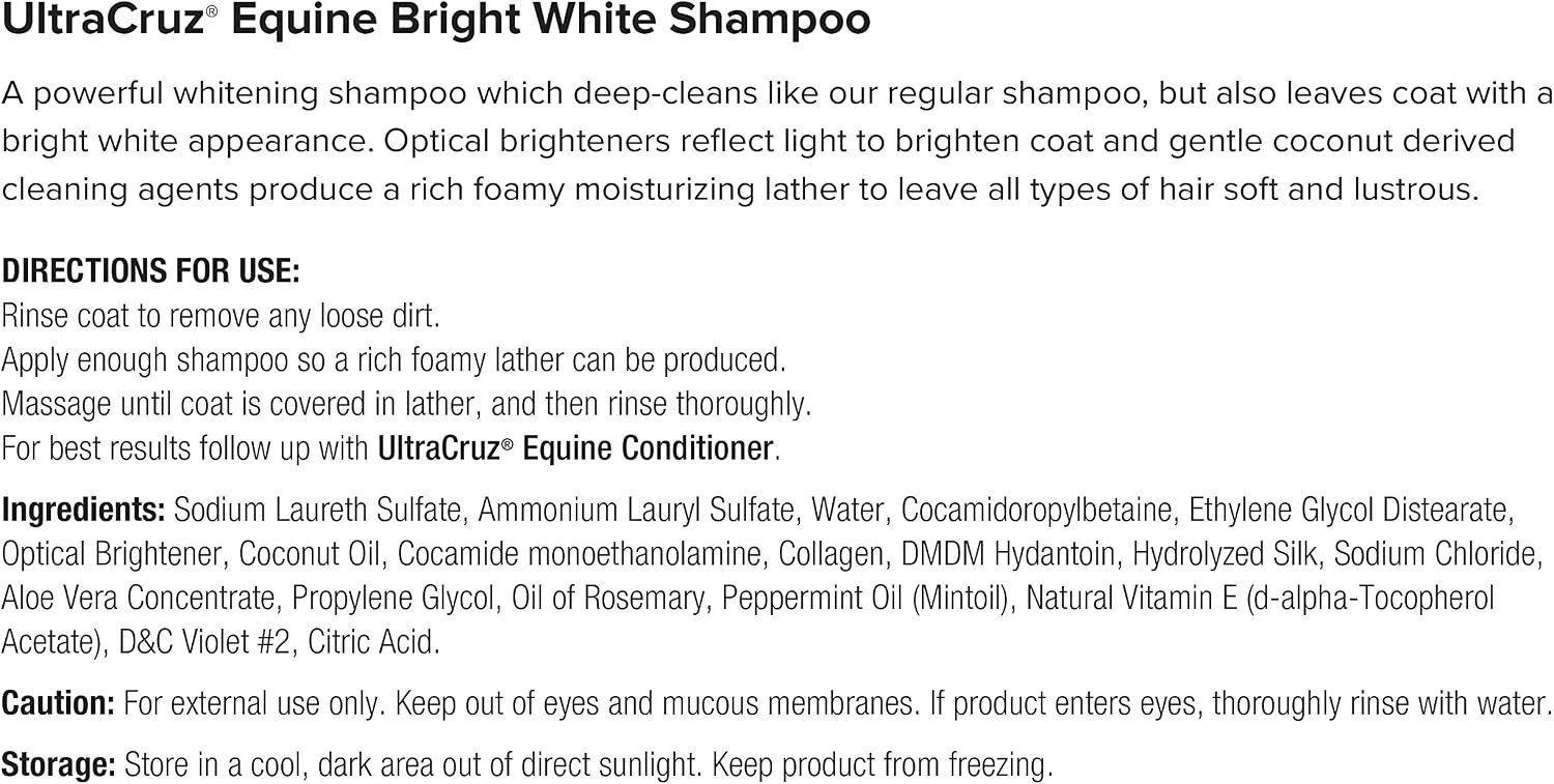 Premium imported UltraCruz equine bright white shampoo bottle for professional horse grooming solutions
