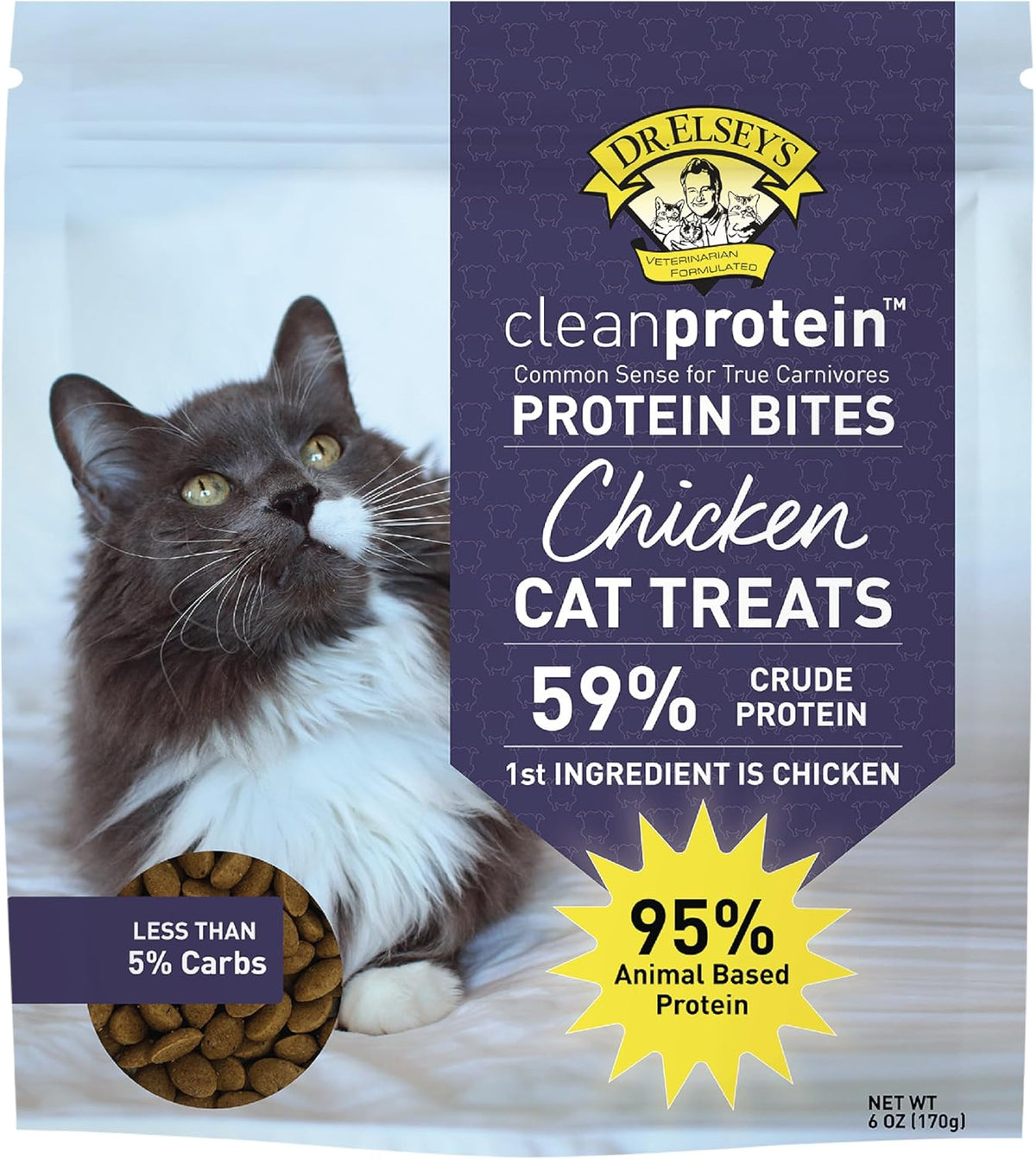 Dr. Elsey's high protein grain free chicken cat treats bag showing 59 percent protein highlight.