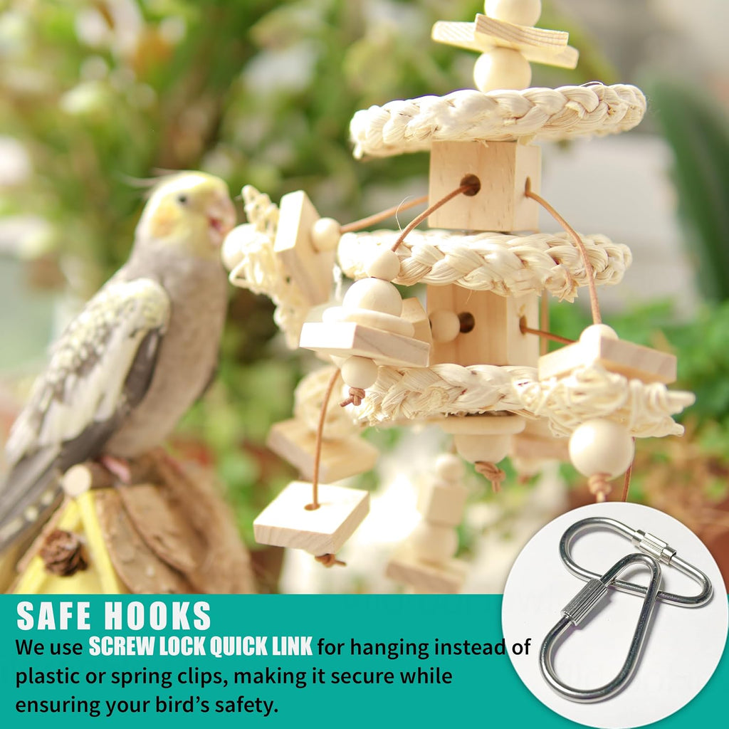 Hanging cage toy for parakeets and cockatiels.
