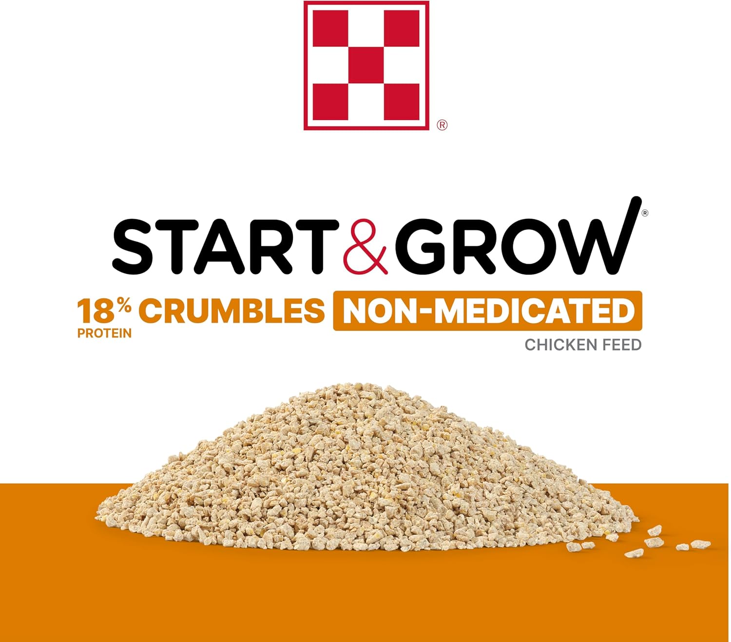 Baby chicks eating Purina Start and Grow crumbles in a coop
