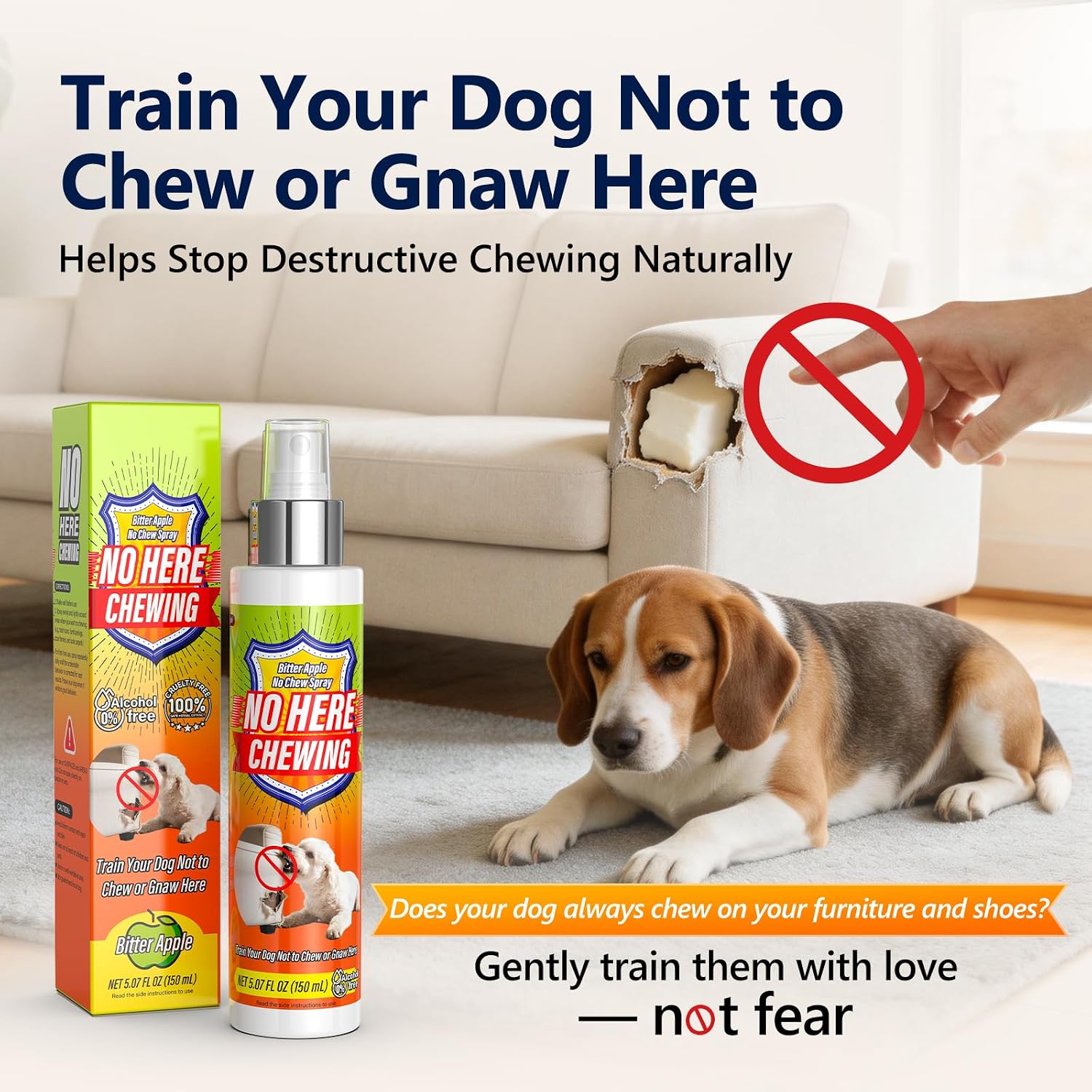 Dog no chew training spray application on furniture