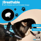 Close up of custom name and phone number patch on harness