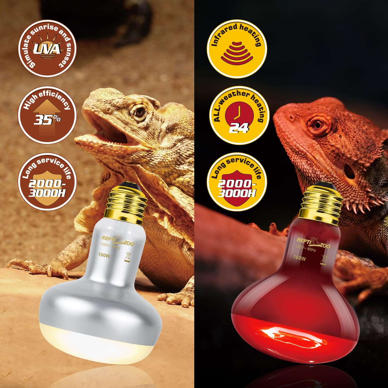 Premium one hundred watt reptile heating lamps with standard screw base for terrarium fixtures.