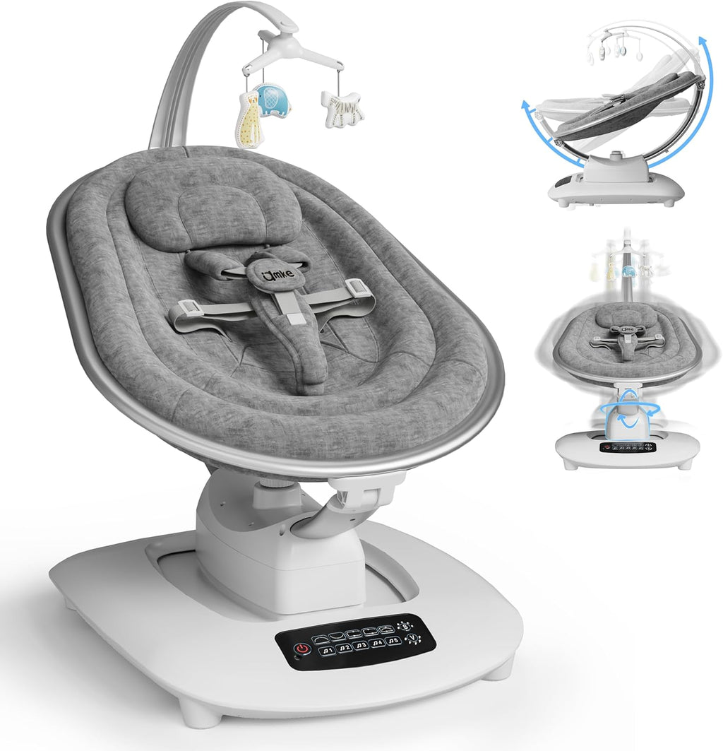 AMKE luxury electric baby swing front view showing control panel and seat