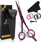 Beauticone professional hair cutting scissors front view showcasing premium black and pink floral pattern blades.