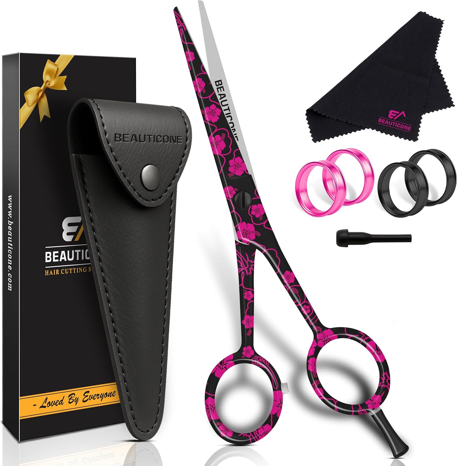 Beauticone professional hair cutting scissors front view showcasing premium black and pink floral pattern blades.