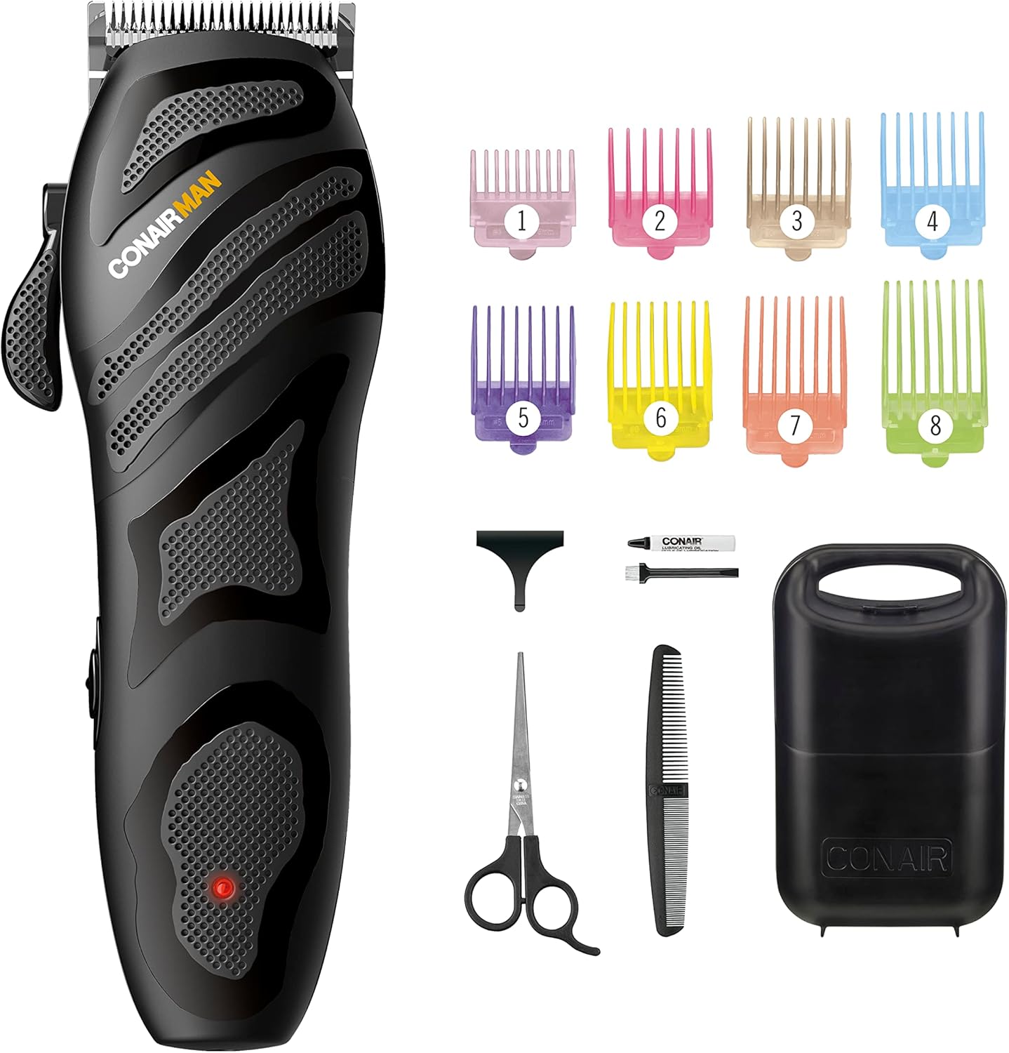 ConairMAN Number Cut cord and cordless hair clipper set front view showcasing the black rechargeable grooming tool