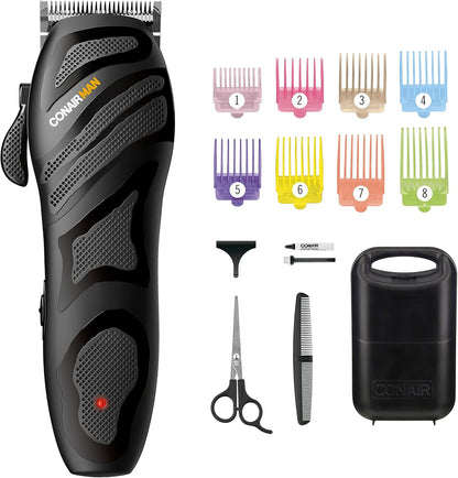 ConairMAN Number Cut cord and cordless hair clipper set front view showcasing the black rechargeable grooming tool