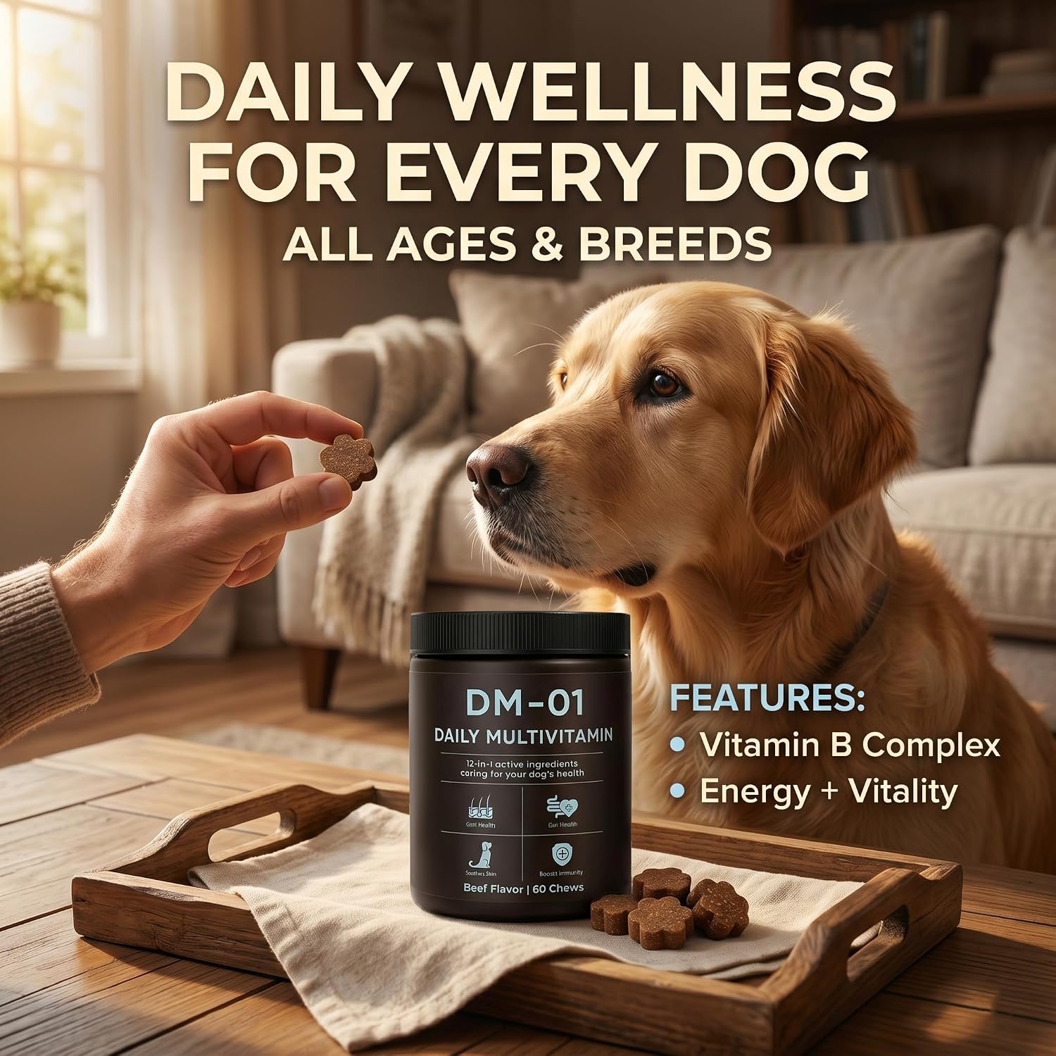 EYUTRD daily dog chews container placed next to a healthy dog showing shiny coat results