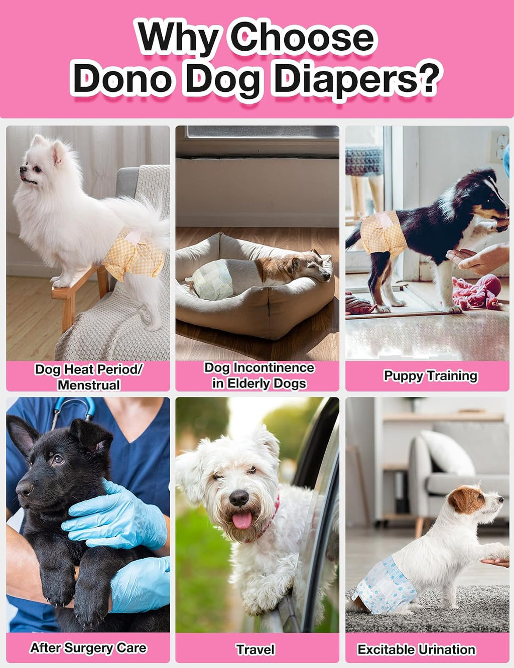 Dono dog diapers female showing fur safe readjustable waistband fasteners
